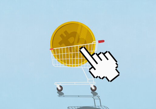 Pointing hand cursor hovering over Bitcoin in shopping cart on blue background
