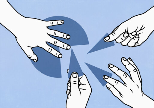 View from above of hands reaching for piece of pie against blue background
