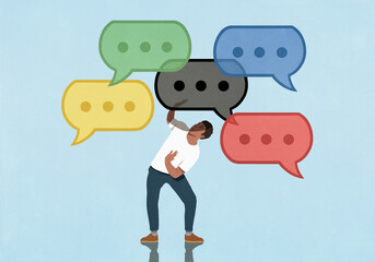 Multicolored speech bubbles with dot dot dot symbol overwhelming man
