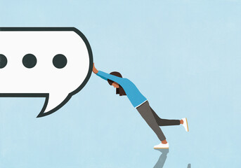 Woman resisting, pushing dot dot dot symbol inside large speech symbol against blue background

