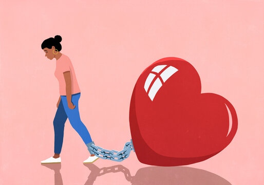 Large red heart shackled to woman's ankle on pink background

