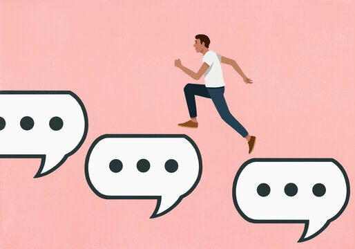 Man running up text message speech bubbles on pink background
