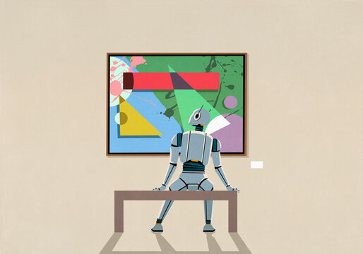 Humanoid robot analyzing art hanging on museum wall
