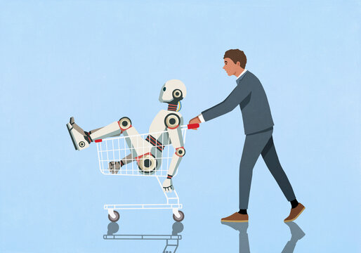 Businessman pushing humanoid robot in shopping cart against blue background
