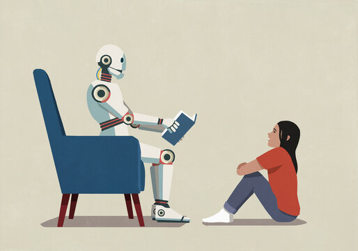 Humanoid robot reading book to girl at home
