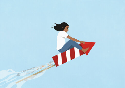 Girl riding flying rocket ascending on blue background
