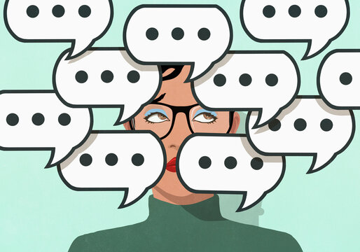 Text message chat speech bubbles covering the face of woman with eyeglasses
