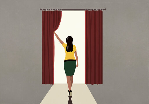 Woman opening red curtain to bright, white void
