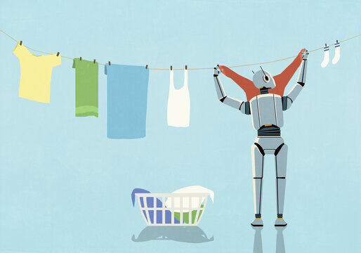 Humanoid robot hanging laundry on clothesline against blue background
