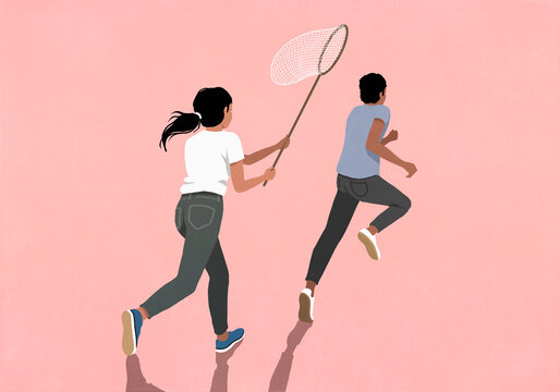 Woman with butterfly net chasing running man on pink background
