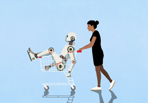 Woman pushing humanoid robot in shopping cart on blue background
