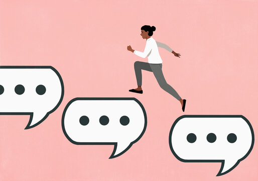 Woman running up text message speech bubbles on pink background
