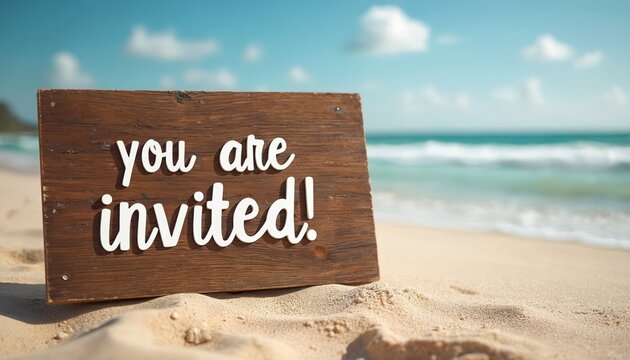 Wooden sign with you are invited text stands on sandy beach near ocean waves. Blue sky with clouds. Summer day invite for party, event, wedding.