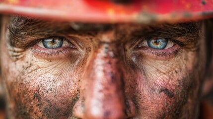 Portrait of a construction worker with intense blue eyes and a dirty face from hard labor in the field during daylight
