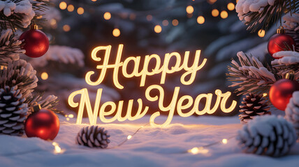 Naklejka premium Glowing happy new year text in snow with festive christmas ornament border