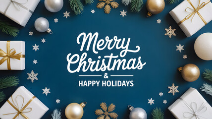 Merry christmas and happy holidays text on blue background with gift box and ornament border