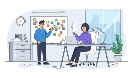 Business people in suits are meeting and working on computers and laptops at the office desk, communicating and looking at technology