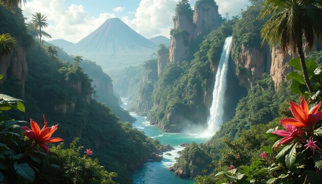 Vast jungle valley with towering cliffs reveals a massive waterfall cascading into a blue river. Exotic flowers bloom near palm trees, with a volcano looming in distant haze.