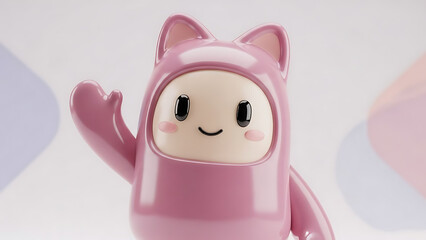 A cute pink plastic piggy bank filled with coins next to a pink cat toy representing saving money for finance and investment