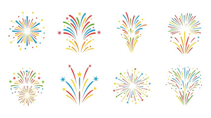 Set of vibrant vector fireworks illustrations ideal for festive celebrations and events graphic