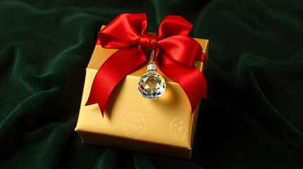 Golden gift box tied with red ribbon and crystal pendant
