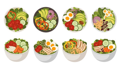 Variety of Healthy Salad Bowls with Fresh Vegetables and Protein Sources Illustration