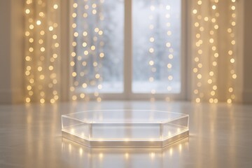 Illuminated Platform: A transparent, hexagonal platform stands illuminated, set against a backdrop of soft, warm fairy lights, and a snowy winter scene creating a serene atmosphere.