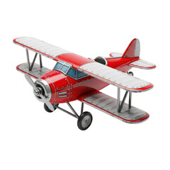 Red vintage biplane toy with detailed wings and propeller on transparent background