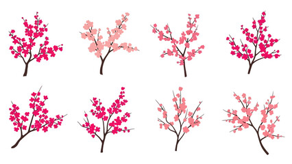 Vector illustration set of cherry blossom trees with pink and dark pink flowers a spring season