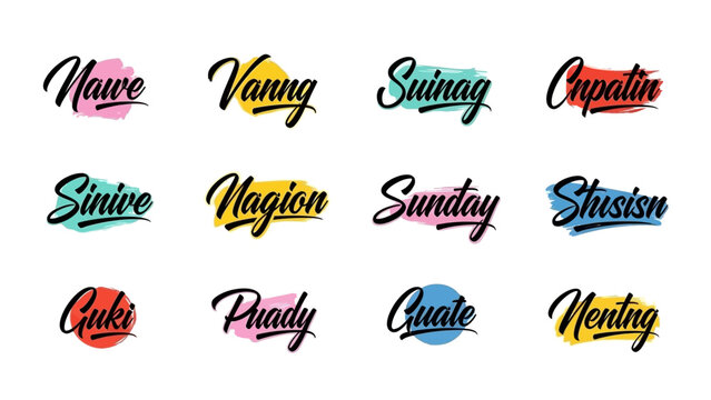 Typography with Brush Strokes Collection of Colorful Script Style Word Designs