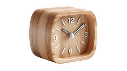 Small square wooden alarm clock with analog face isolated on transparent background