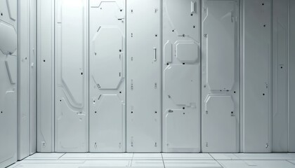 Futuristic sci-fi interior wall with modular metallic panels. Clean white high-tech surface detail creates modern abstract geometric background for advanced technology and space exploration concepts.