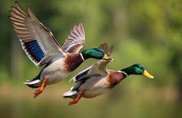 Obraz premium Two Mallard ducks in flight on sunny day. Colorful ducks with green heads, brown chests, and white wings fly over green trees. Ducks have orange beaks, feet and are in mid air.
