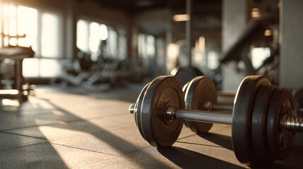 Barbell weight plates on gym floor with blurred fitness equipment in background