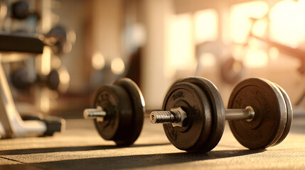 Black dumbbells on wooden gym floor with warm lighting and blurred background