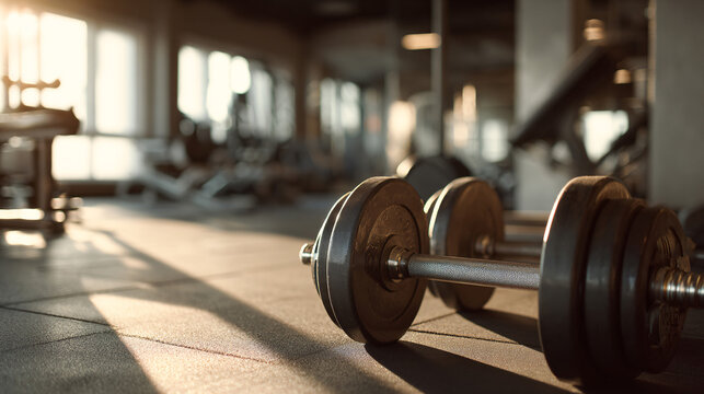 Barbell weight plates on gym floor with blurred fitness equipment in background - Powered by Adobe
