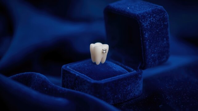 White healthy tooth with diamond gem inside a blue velvet ring box. Concept of expensive dentistry, implants, health insurance and precious smile.
