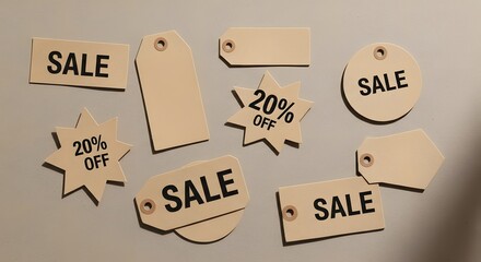 Various sale tags and discount labels scattered on a plain surface, ready for shopping promotions.