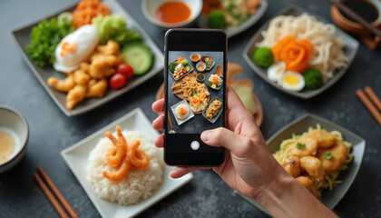 Man photographs Asian food with smartphone. Diverse dishes of noodles, rice, fried chicken, gyozas and shrimp shown. Delicious meal ready for sharing.