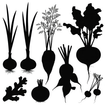 A stark, graphic, silhouette-style illustration featuring a collection of root vegetables and leafy greens arranged as a still life on a plain, featureless background. 