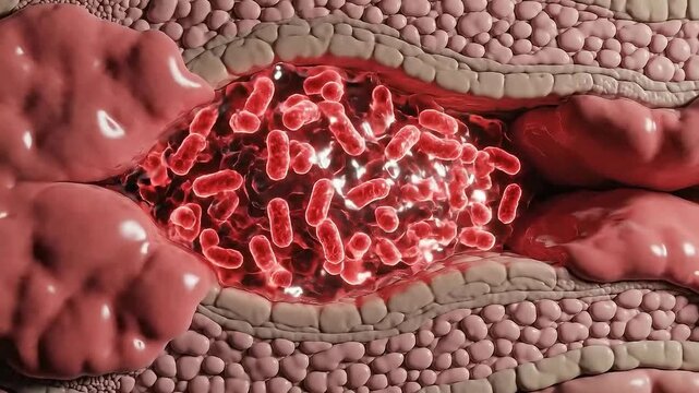 Close-up 3D animation of blackhead extraction showing oxidized sebum plug and dissolving bacteria within skin pore on a greenscreen background