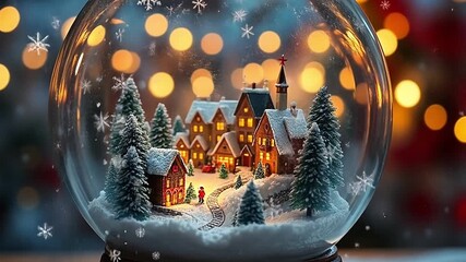 Animated Christmas snow globe with a glowing miniature winter village. Falling snowflakes inside a glass ball decoration. Festive holiday background - Powered by Adobe