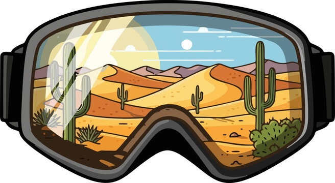 Colorful desert landscape reflected inside motorcycle or off-road goggles, featuring sand dunes, cacti, mountains, bright sunlight and blue sky. Adventure and extreme sports themed vector illustration