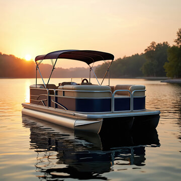 Luxurious pontoon boat waits on calm lake water at sunset. This stable leisure craft offers comfort for family and friends during summer holidays.