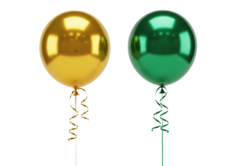 two perfectly formed, floating gold and emerald green metallic foil balloons with trailing curled ribbons, isolated on a transparent cyclorama with copy space. Luxurious celebration concept
