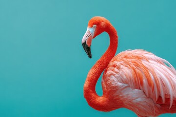 Obraz premium Pink flamingo striking a pose against a vibrant turquoise blue background showcasing its unique shape and colors in a playful manner