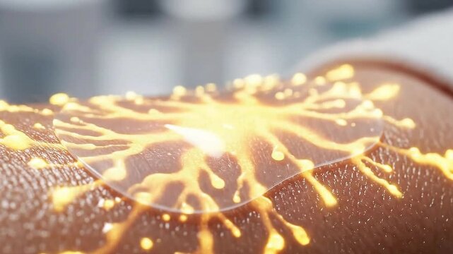 Close-up of medical patch on skin showing glowing yellow energy transfer for dermatology research and healthcare applications