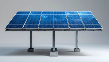 "Modern solar panel array mounted on metal frame with concrete supports, angled for optimal sunlight"