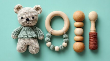 Handmade eco friendly baby toys crafted from natural materials displayed on a mint background showcasing creativity and sustainability