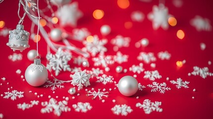 Festive christmas decoration with snowflakes and ornaments on red background